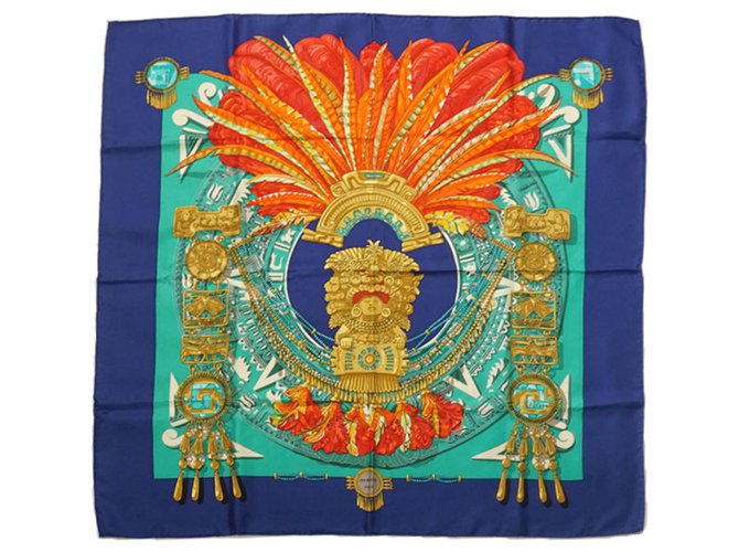 Hermès Sciarpa di seta messicana blu Hermes Arancione Panno  ref.190091
