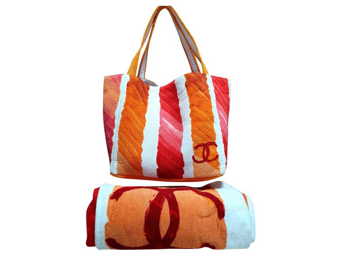 New Chanel beach bag + towel Pink White Multiple colors Orange Cotton  ref.190235 - Joli Closet