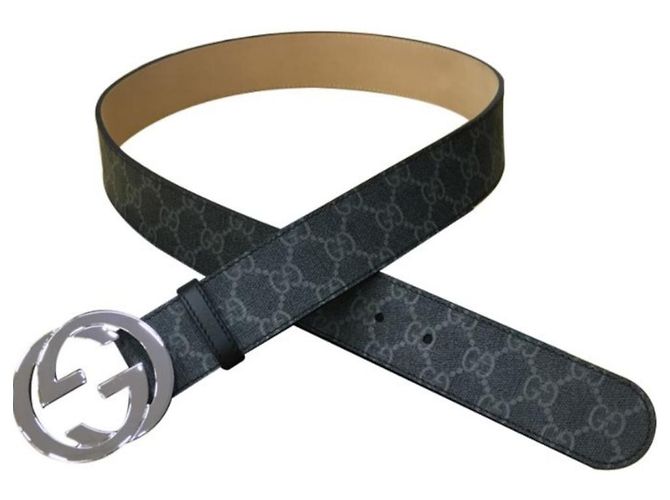 Gucci Supreme Belt Black Leather Interlocking G Buckle Silvery