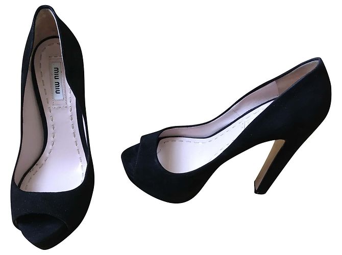 Miu Miu Black Nubuck Peep Toe Platform Heels