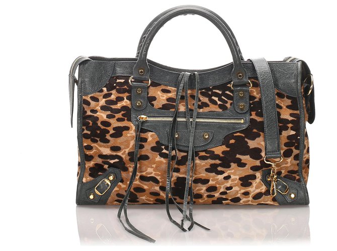 Balenciaga Brown Motocross Printed Pony Hair Classic City Blue Light brown Leather  ref.191012