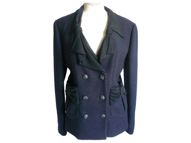 CHANEL Nuova giacca di tweed blu scuro T44 con etichetta Blu navy Lana  ref.191349