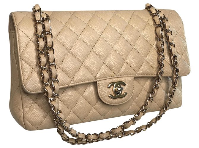 Timeless Chanel Saco DblFlap médio atemporal em caviar Bege Couro  ref.191394