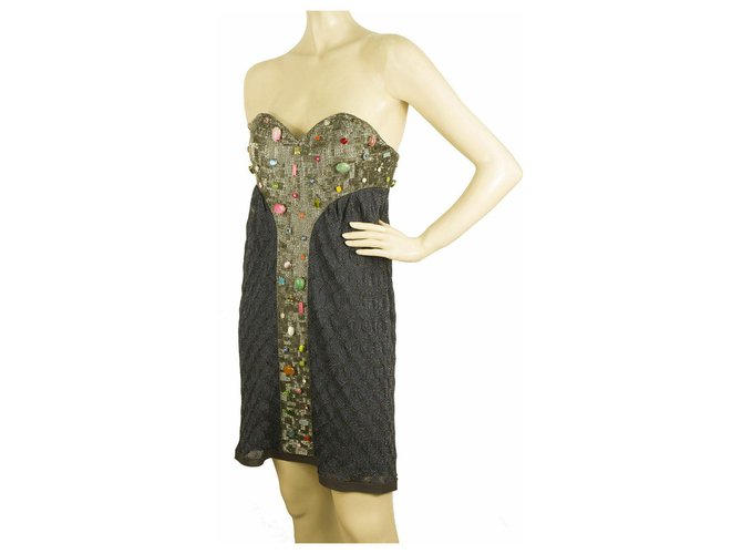 Autre Marque Missoni Blue Gray knitted Strapless mini embellished beaded dress IT size 44 Grey Viscose  ref.191702