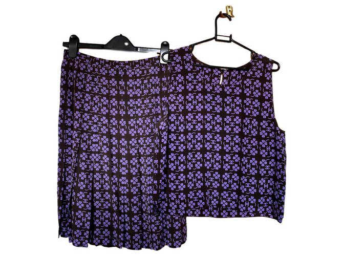 Chanel Purple Brown Lucky Clover CC Top & Skirt Set Silk  ref.191732