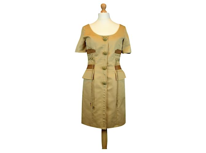 CHRISTIAN DIOR spring summer day dress 1993 cotton sand rivets and laces  ref.191931