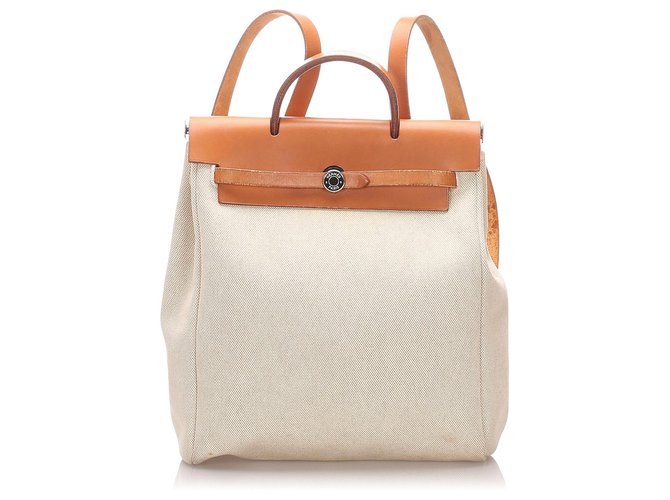 Hermès Hermes White Canvas Herbag Backpack Brown Leather Cloth Pony-style calfskin Cloth  ref.191974