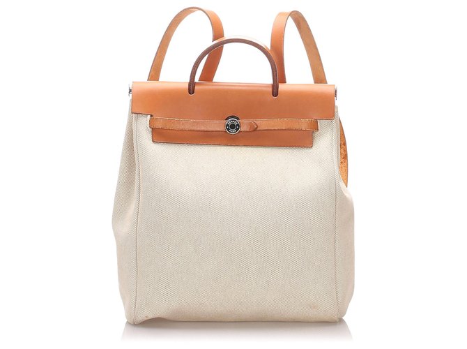 Hermès Mochila Hermes de lona blanca Herbag Castaño Blanco Cuero Lienzo Becerro Paño  ref.191974