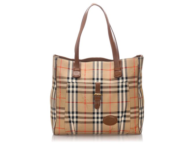 Burberry Brown Haymarket Canvas Tote Bag Multiple colors Beige Leather Cloth Pony-style calfskin Cloth  ref.191986
