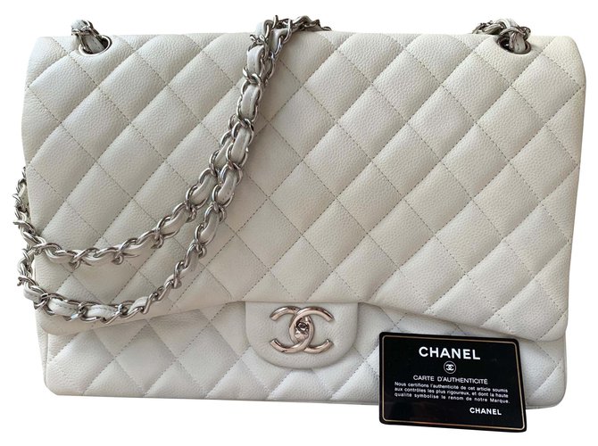 Chanel maxi lined flap bag in cream white caviar leather ref