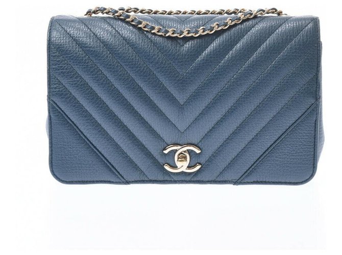 Chanel V-Stich chain shoulder Blue Leather  ref.192181