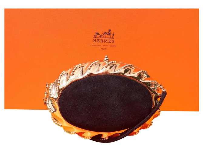Rare Hermès Minaudière Pochette Handbag Doblis Black gold metal Suede  ref.192232