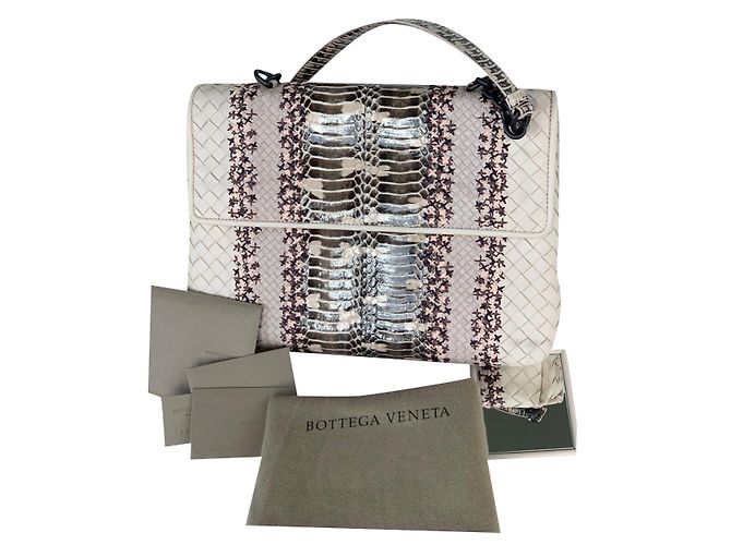 Bolsa de mão Bottega Veneta em couro de bezerro trançado e python envernizado
