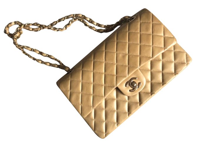Timeless Chanel Beige Lambskin medium classic flap bag Leather ref