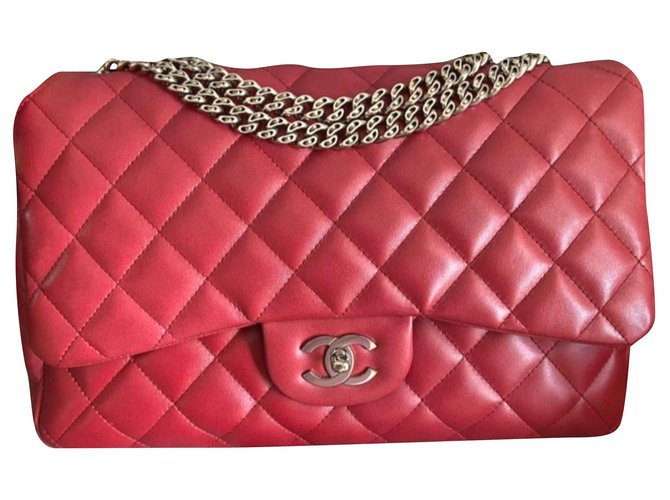 Timeless Chanel Red Jumbo Bijoux chain flap bag clássico Vermelho Couro  ref.192470