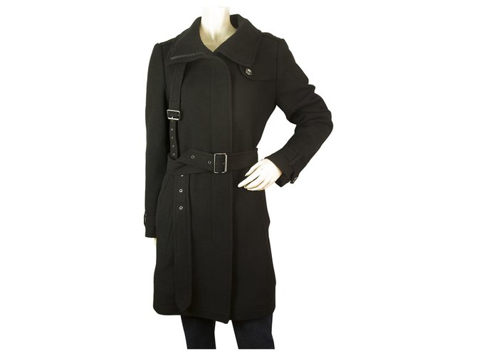 Burberry BRIT Woman's Belted Black Wool Jacket Midi Coat sz UK 10, USA 8, ITA 42 Laine Noir  ref.192605