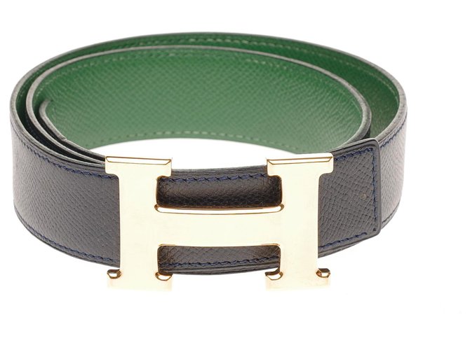 Hermès Reverse Constance belt in Courchevel navy & green, gold-plated metal H buckle Navy blue Leather  ref.192612