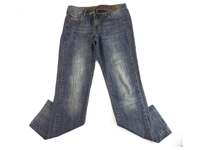 Autre Marque Sieben 7 Blue Jeans Denim Washed Hosen Hose w. Leder Details Kristalle Gr 30 Blau  ref.192640