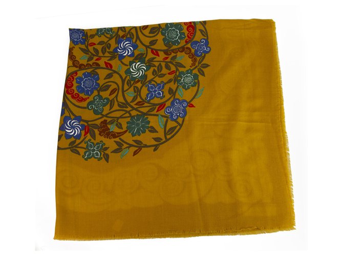 LANVIN extra large Square Wool & Silk Scarf pashmina mustard with floral print  ref.192680