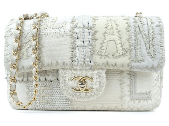 Chanel Branco Médio Tweed Patchwork Flap Bag Marrom Bege Lona Pano  ref.192781