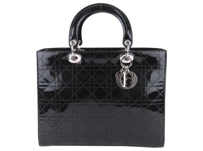 Dior Black Cannage Patent Leather Lady Dior Satchel  ref.192803