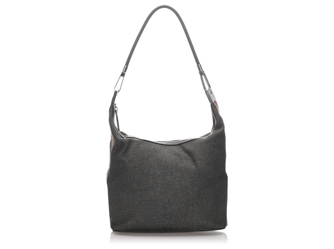 Gucci Gray Denim Web Shoulder Bag Grey Leather Pony-style calfskin Cloth  ref.192850