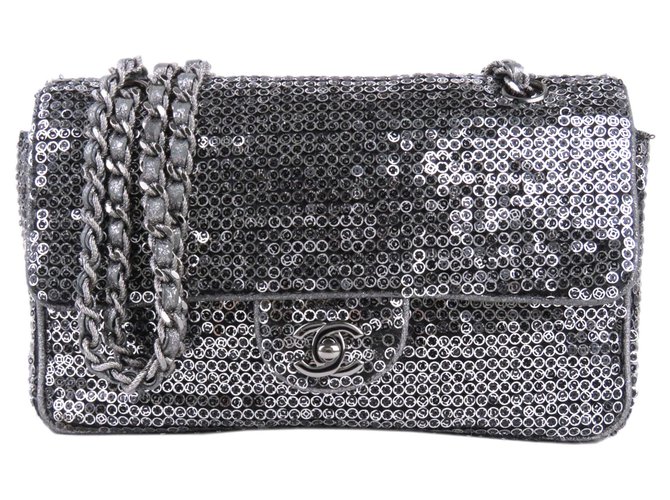 Chanel Silver Medium Sequin Flap Bag Silvery Polyester Plastic Cloth  ref.192872