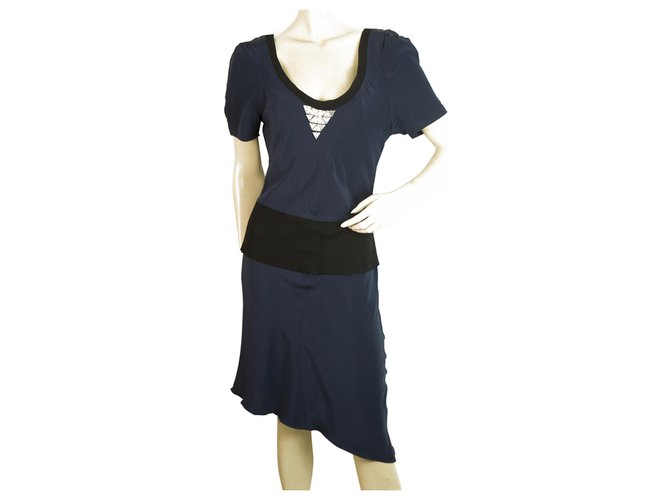 Autre Marque Vena Cava Blue Color w. Black Trim Asymmetrical Length Silk Dress size 4 Dark blue  ref.192899