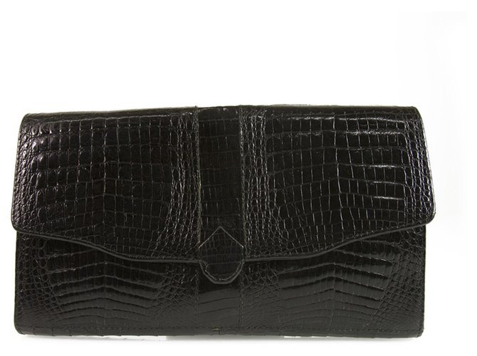 Vintage Black Croco Gold Tone Chain Flap Top Clutch Shoulder Evening Bag Handbag Leather  ref.192902