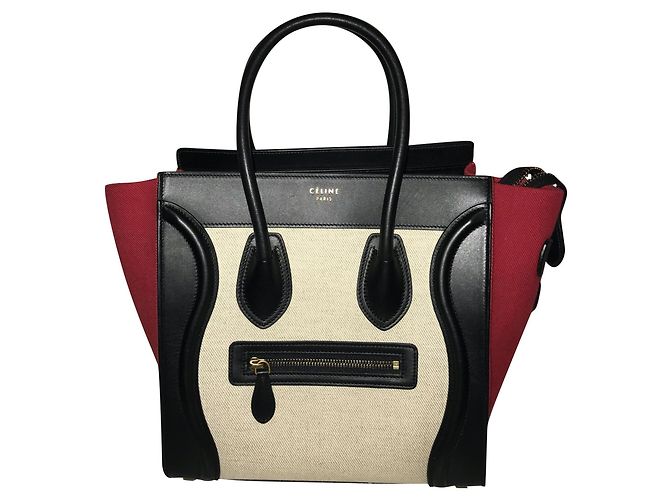 Céline Luggage Tasche Rot und Eggshell Leder und Leinen Aus weiß