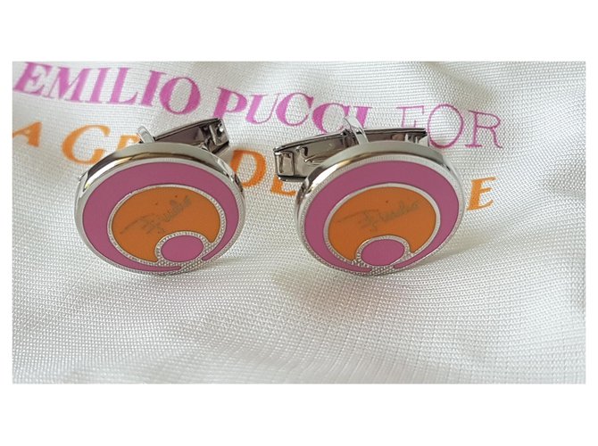 Emilio Pucci Cufflinks Silvery Pink Orange Metal  ref.193086