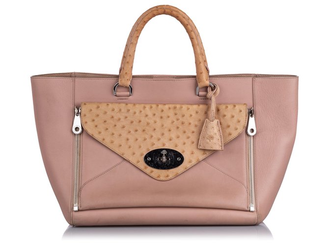 Mulberry Pink Ostrich-Trimmed Willow Tote Bag Brown Beige Leather Exotic leather Pony-style calfskin  ref.193356