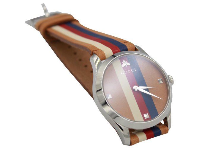 Gucci watch in brown, blue, red and white leather.  ref.193419