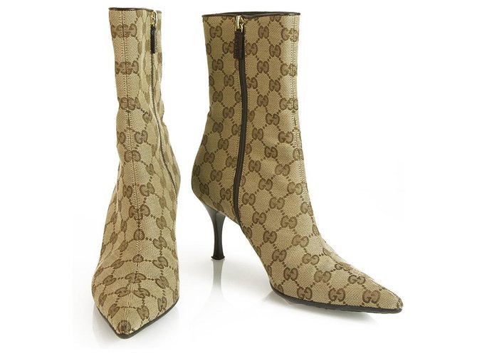 GUCCI GG monogram canvas ankle boots slim medium heels pointed toe 37 Beige Cloth ref.193420 - Joli Closet