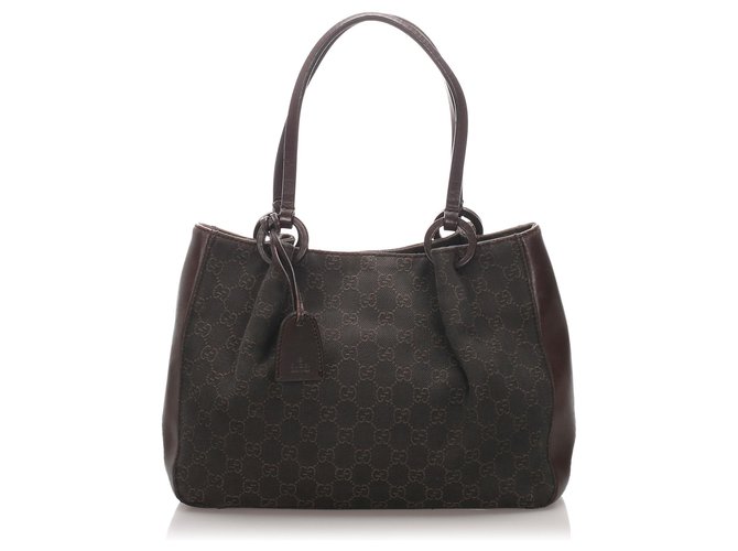 Gucci Black GG Canvas Tote Bag Brown Dark brown Leather Cloth Pony-style calfskin Cloth  ref.193468