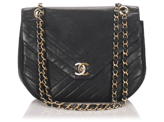 Chanel Black Chevron CC Shoulder Bag Leather Pony-style calfskin ref.193487  - Joli Closet