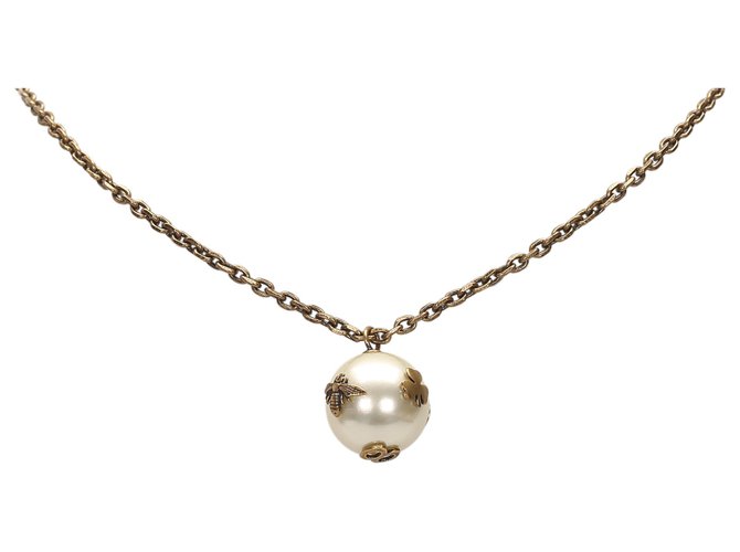 Dior Brown Faux Pearl Pendant Necklace White Bronze Metal  ref.193497