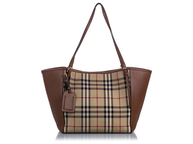 Burberry Brown Horseferry Check Canterbury Panels Tote Multiple colors Beige Leather Cloth Pony-style calfskin Cloth  ref.193518