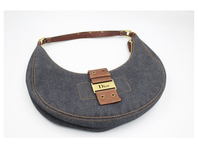 Dior half moon bag in denim and brown leather Blue  ref.193555