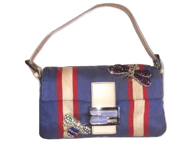 Baguette FENDI silk and leather collector wand White Red Blue  ref.193606