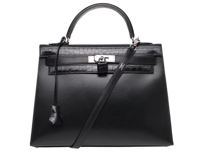 Erhabene Hermès Kelly Tasche 32 Black Box Lederband, Custom Palladium Silber Metallverkleidung mit schwarzem Porosus Krokodil Exotisches Leder  ref.193721