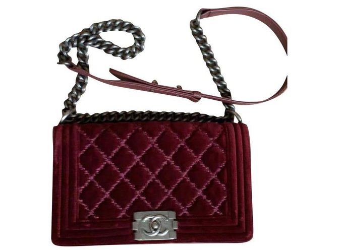 Chanel Boy Medium Velvet Bag Silvery Dark red Leather  ref.193837