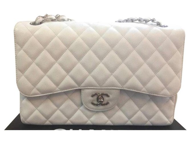 Timeless Seltene Chanel White Caviar Jumbo Classic Flap Bag Weiß Leder  ref.193978