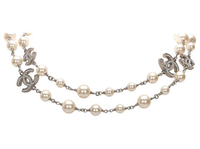 Chanel White CC Crystal Faux Pearl Long Necklace Silvery Metal  ref.194045
