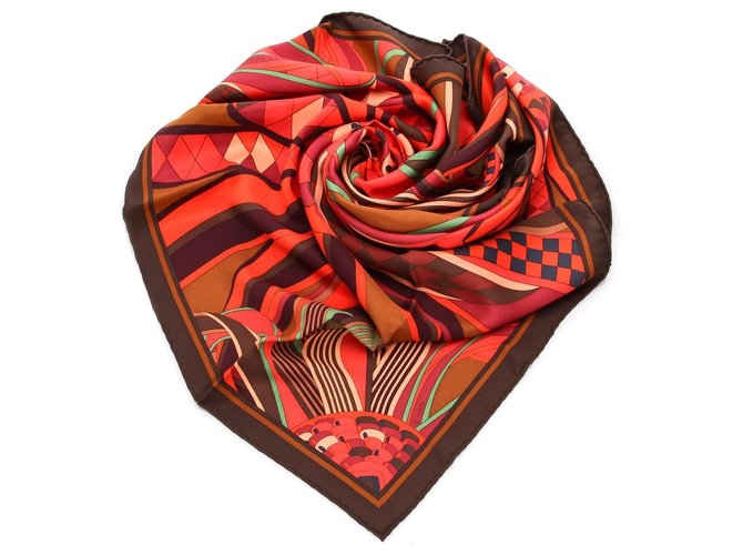 Hermès Foulard en soie Hermes Rouge Les Flots du Cheval Tissu Multicolore  ref.194061