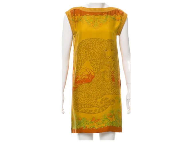 Mini vestido sem mangas de seda Hermès Jungle Love mostarda