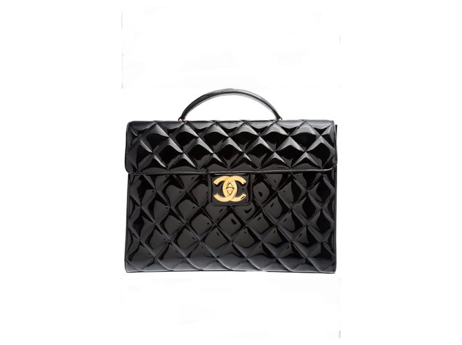Chanel Timeless Classique Briefcase Flap Business Bag Black Patent