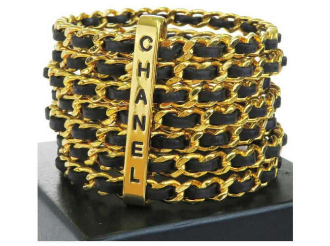 Chanel Gold Plated Woven Leather 7 Ring Cuff Bangle Black Golden Gold-plated  ref.194346