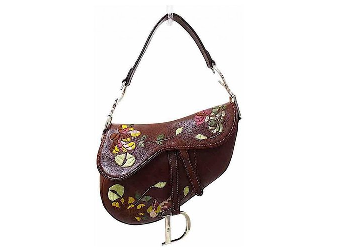 Christian Dior Rare Brown Leather Flower Embroidery Saddle Shoulder Bag Cuir Marron  ref.194455