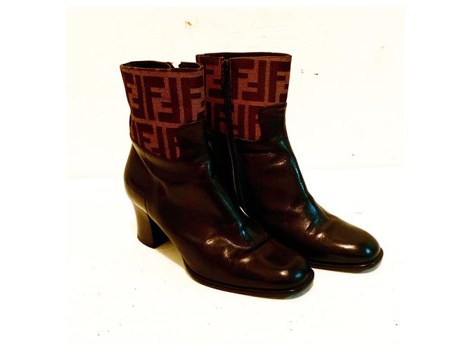 Fendi Vintage Zucca FF & Leather Ankle Boots Brown Black Cloth  ref.194574